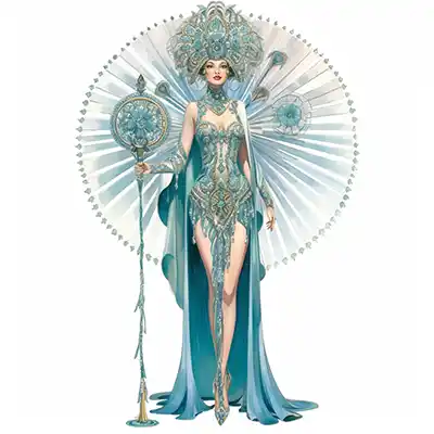 Redundant Decorative Image Full-length-image-of-1920s-woman-holdin-a-sceptor-in-aqua-color-costume-with-large-arch-style-headpiece-and-gown-with-two-front-slits
