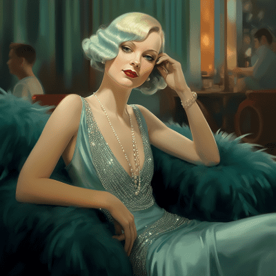 AI image of blonde 1920s woman in an aqua green evening gown sitting on a chair that is covered in teal faux fur.